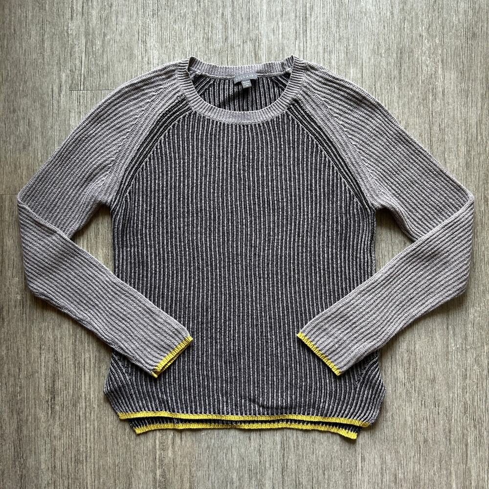 Lilla P Gray/Chartreuse Ribbed Cotton/Angora/Wool Crewneck Sweater Size Medium